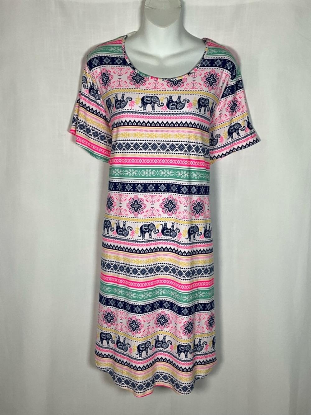 Bobbie Brooks Dress Size 2X Pink Multi-Stripe Elephant Print Midi Dress